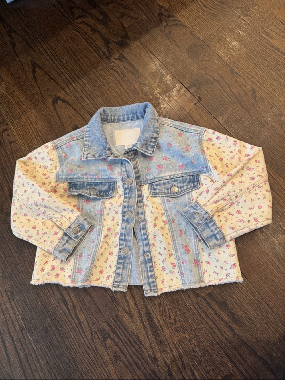 Zara Kids Patchwork Denim Jacket in Light Blue and Cream with Pink Florals